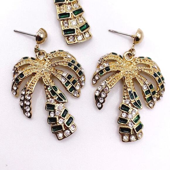 Palm Tree Rhinestones And Enamel Earrings and Brooch Set - Picture 2 of 6